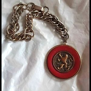 Game Of Thrones Lion Medallion 6" Bracelet Brass & Cranberry Red Vinyl